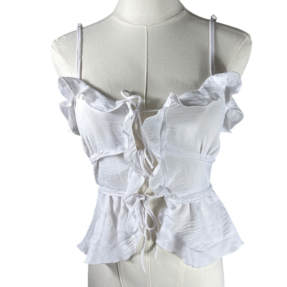 Good Luck Gem‎ White Ruffle Tie Front Peplum Camisole Top XS YCG9340